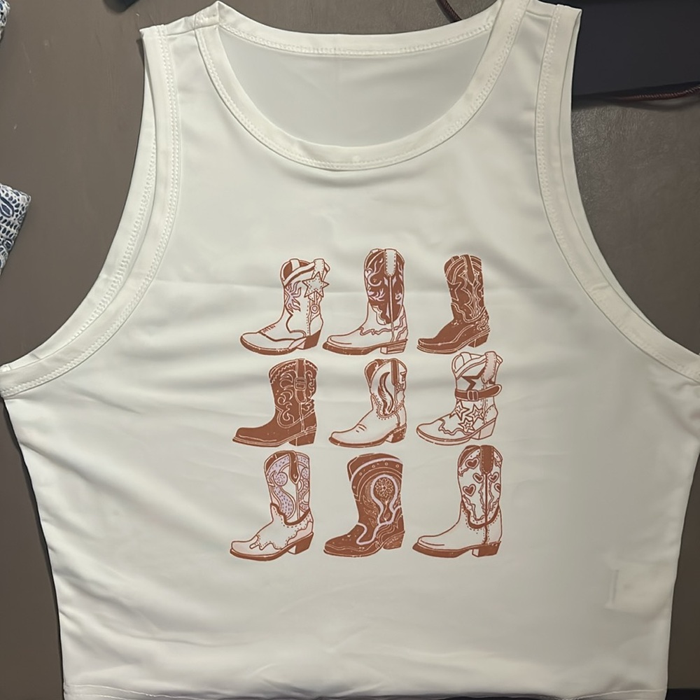 White Crop Tank Top with Brown Cowboy Boot Print on the Front. NWT Size Large. - Picture 5 of 7